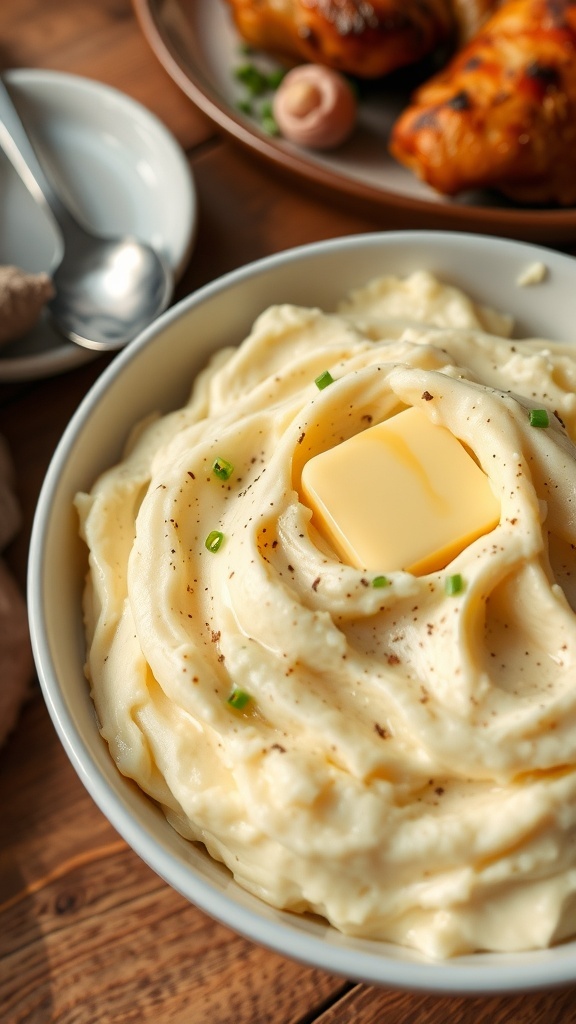 A bowl of creamy mashed potatoes topped with butter and chives, on a rustic table with roasted chicken.